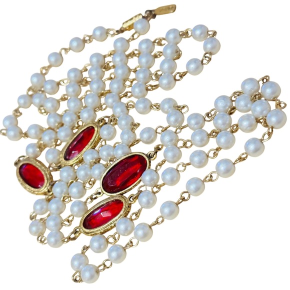 1928 Jewelry - VTG 1928 Collection red Style pearl Necklace red Open bezel Crystal gold  44"L